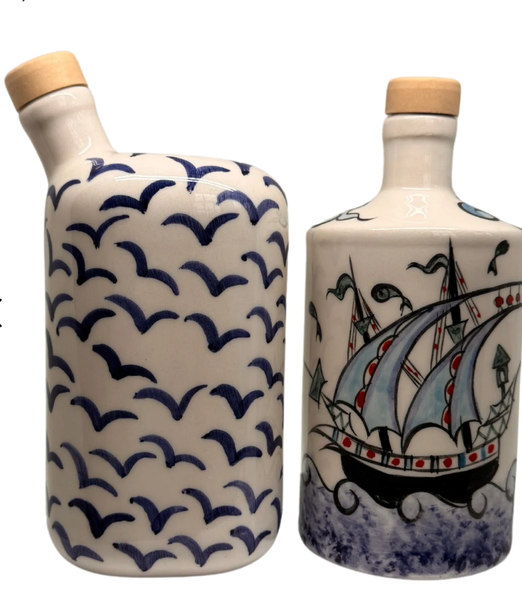 Artisan Crafted Ceramic Mediterranean Sailboat Bottle And Vase