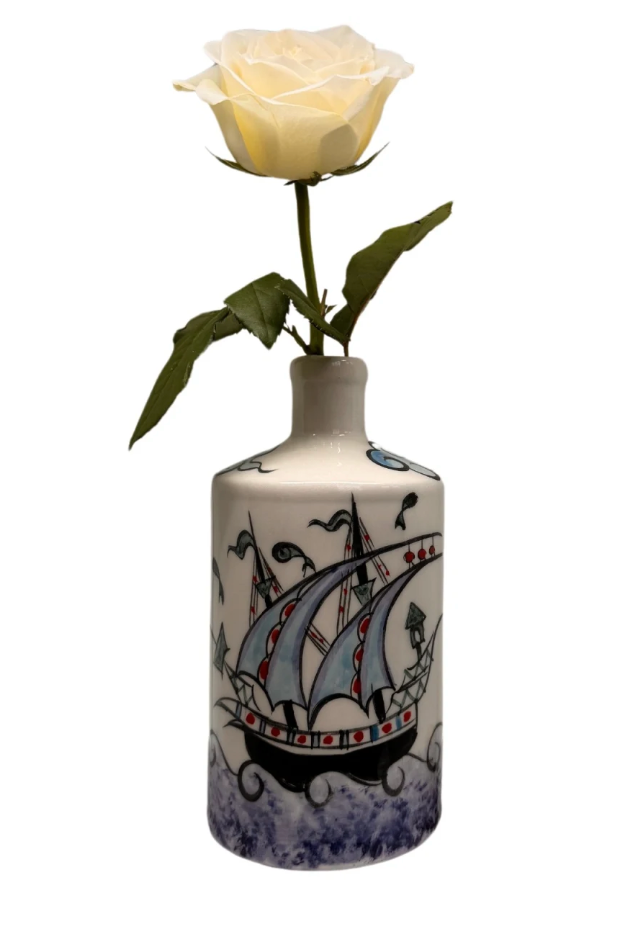 Artisan Crafted Ceramic Mediterranean Sailboat Bottle And Vase