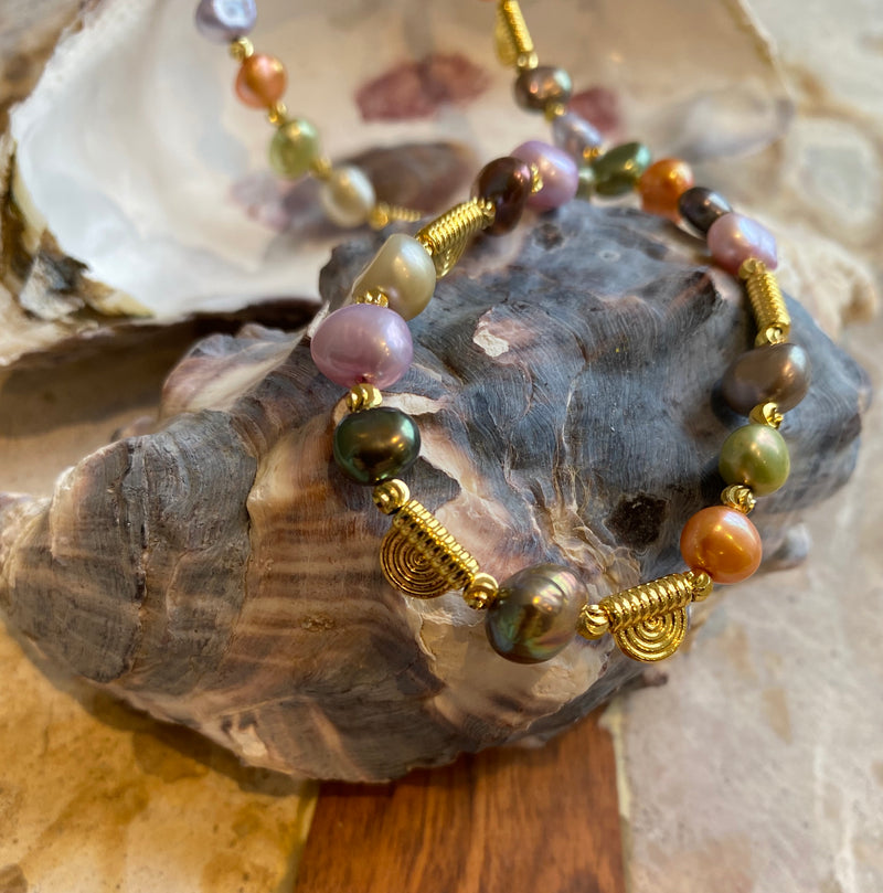 Pastel Baroque Pearls with Golden Plate Rainbow Necklace