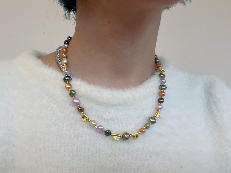 Pastel Baroque Pearls with Golden Plate Rainbow Necklace