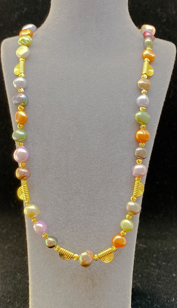 Pastel Baroque Pearls with Golden Plate Rainbow Necklace