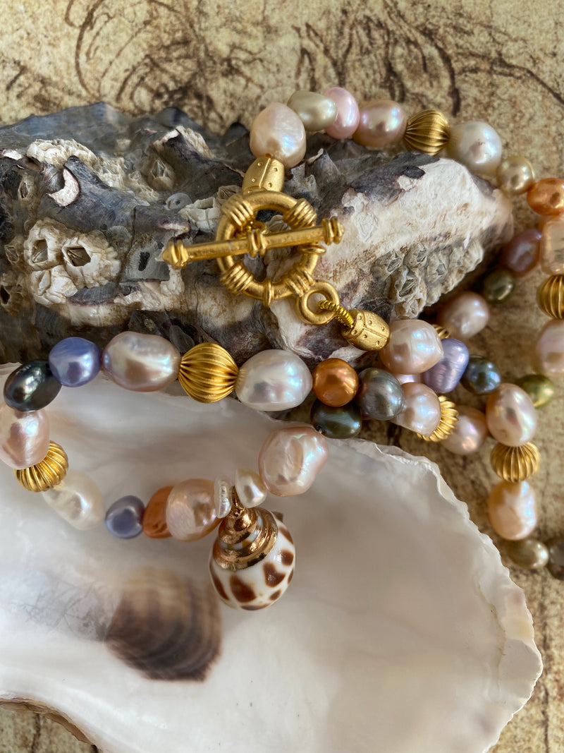 Pastel Pearl & Golden Plate Sphere with Seashell Pendant Necklace