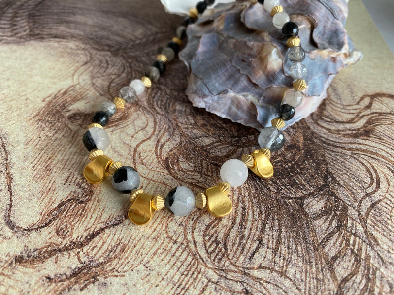 Rutile Quartz & Golden Plate Pendant Necklace