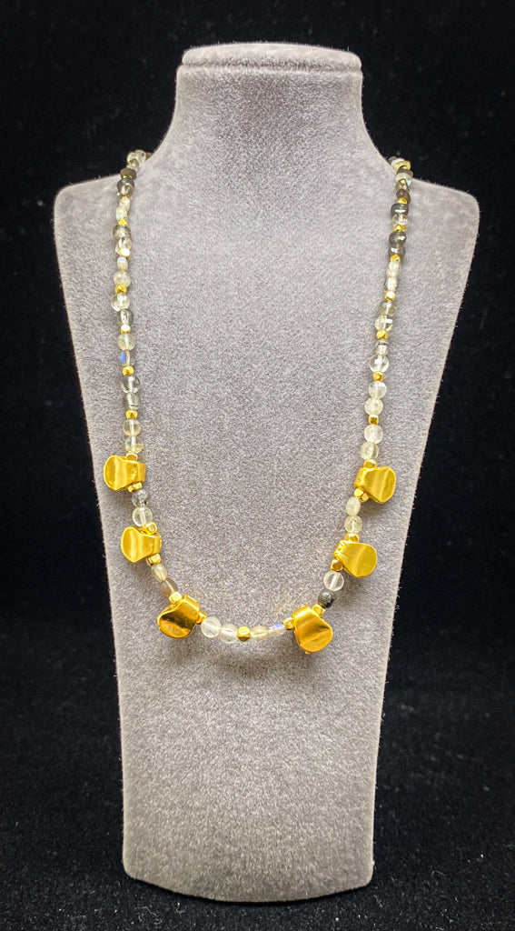 Rutile Quartz & Labradorite Gemstone & Golden Plate Pendant Necklace