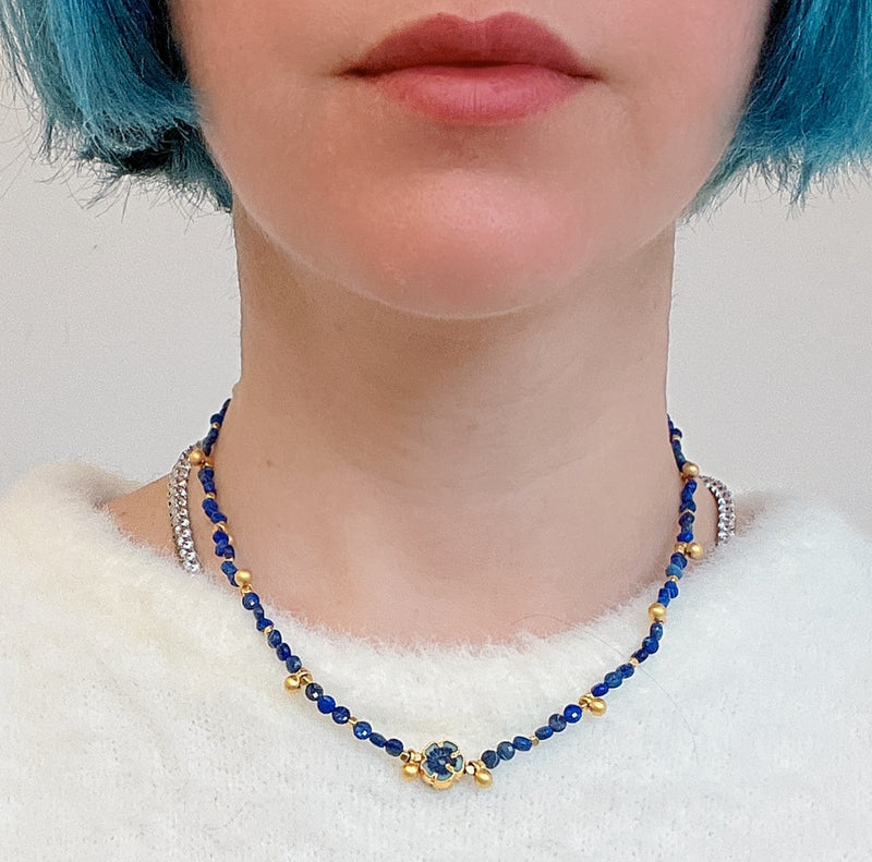 Lapis Lazuli Gemstone & Flower Glass Bead Necklace