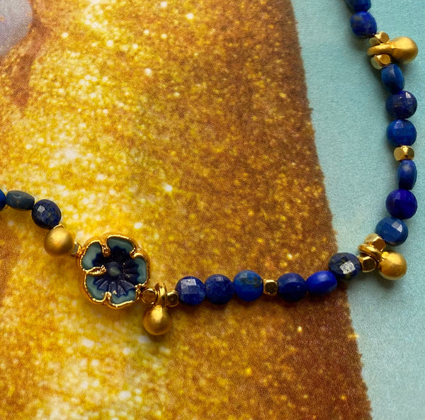 Lapis Lazuli Gemstone & Flower Glass Bead Necklace