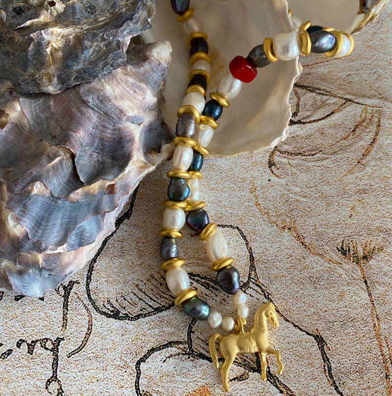 Baroque Black&White Pearl and Gold Plated Horse Pendant / Red